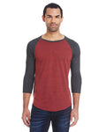 Reishore 302G — Unisex Triblend Three-Quarter Sleeve Raglan T-Shirt — Cardinal Black/ Black Triblend