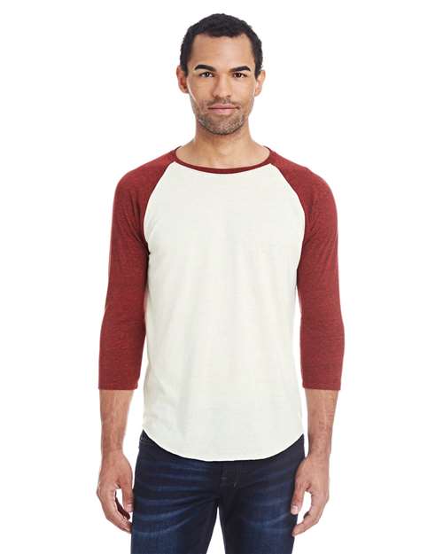 Reishore 302G — Unisex Triblend Three-Quarter Sleeve Raglan T-Shirt — Cream/ Cardinal Black Triblend