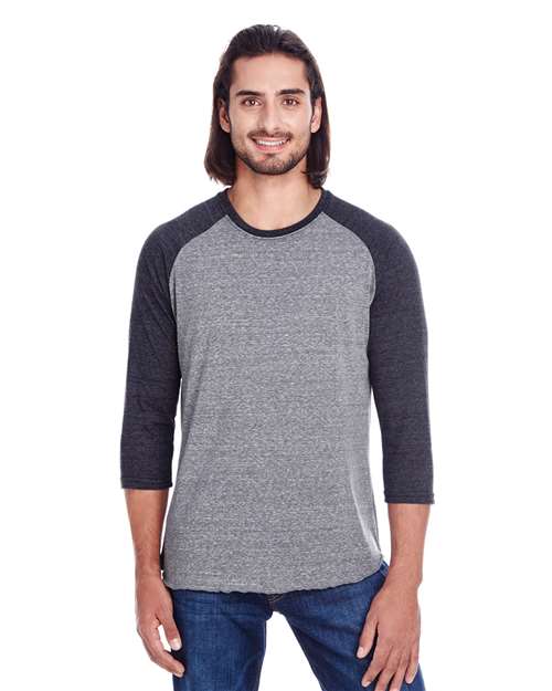 Reishore 302G — Unisex Triblend Three-Quarter Sleeve Raglan T-Shirt — Grey/ Black Triblend