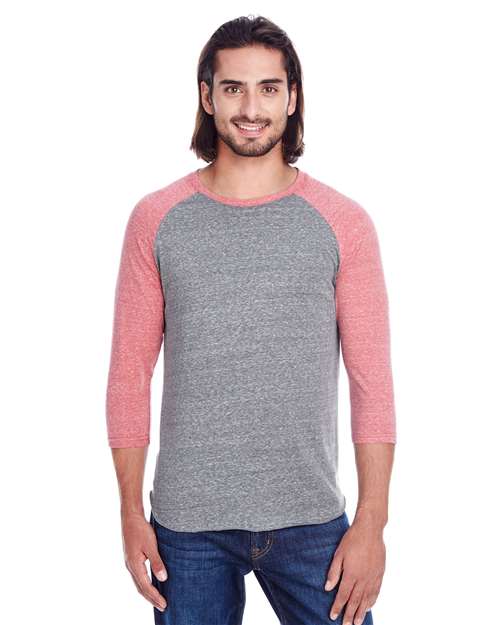 Reishore 302G — Unisex Triblend Three-Quarter Sleeve Raglan T-Shirt — Grey/ Red Triblend