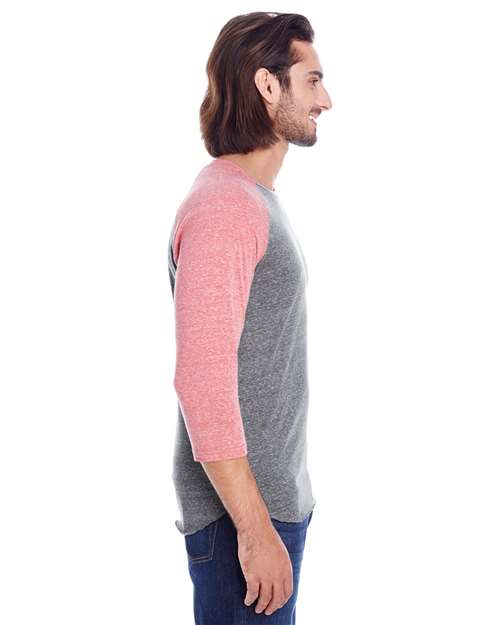 Reishore 302G — Unisex Triblend Three-Quarter Sleeve Raglan T-Shirt — Grey/ Red Triblend