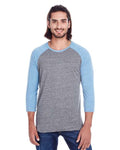 Reishore 302G — Unisex Triblend Three-Quarter Sleeve Raglan T-Shirt — Grey/ Royal Triblend