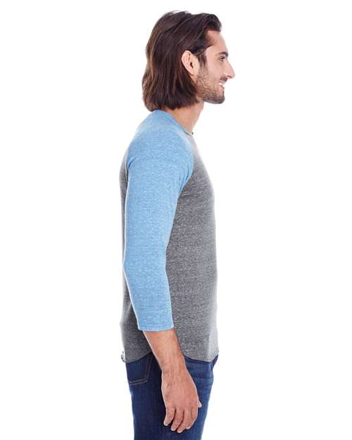 Reishore 302G — Unisex Triblend Three-Quarter Sleeve Raglan T-Shirt — Grey/ Royal Triblend