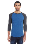 Reishore 302G — Unisex Triblend Three-Quarter Sleeve Raglan T-Shirt — Royal Black/ Black Triblend