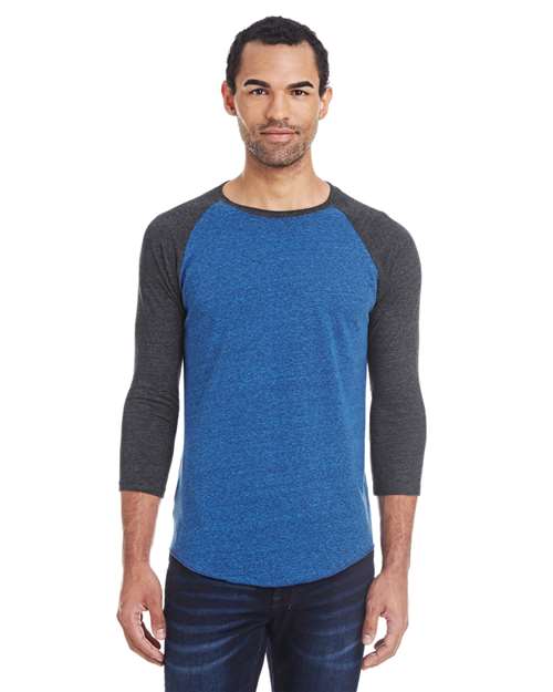 Reishore 302G — Unisex Triblend Three-Quarter Sleeve Raglan T-Shirt — Royal Black/ Black Triblend