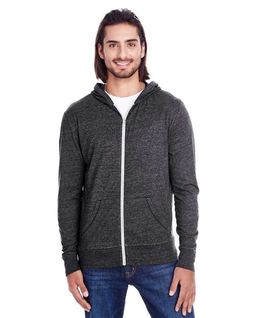 Reishore 302Z — Unisex Triblend Full-Zip Lightweight Hooded Sweatshirt — Black Triblend