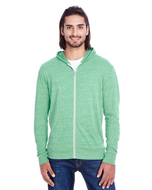 Reishore 302Z — Unisex Triblend Full-Zip Lightweight Hooded Sweatshirt — Green Triblend
