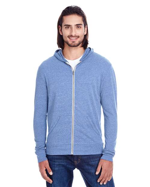Reishore 302Z — Unisex Triblend Full-Zip Lightweight Hooded Sweatshirt — Navy Triblend