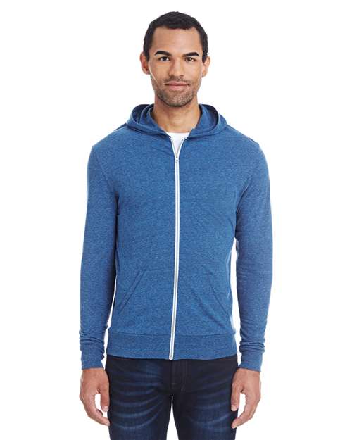 Reishore 302Z — Unisex Triblend Full-Zip Lightweight Hooded Sweatshirt — Royal Black Triblend