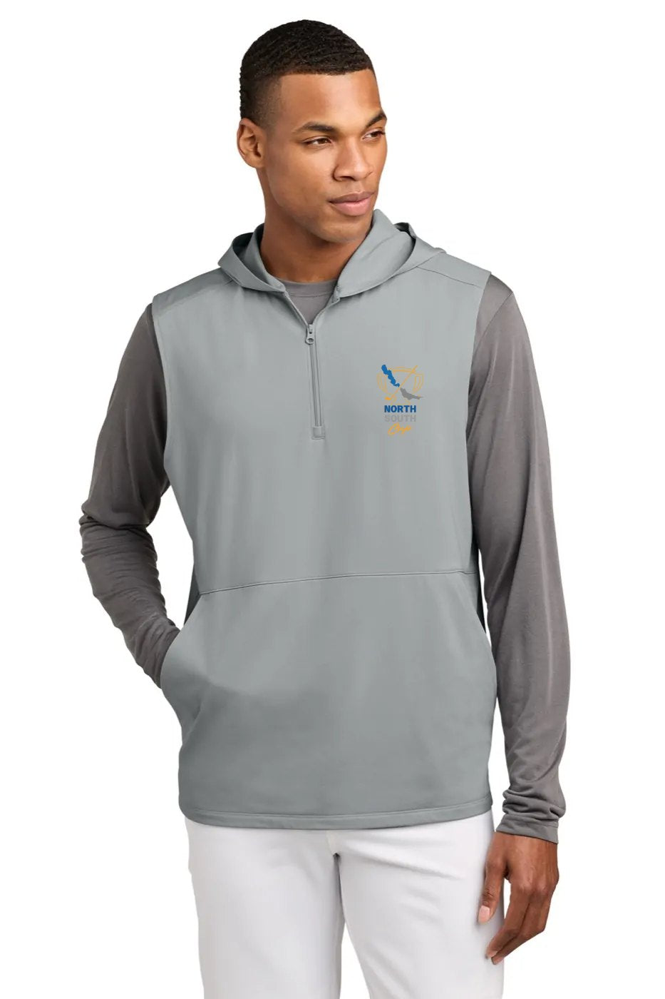 Sport-Tek Sport-Wick Stretch Sleeveless Hooded Quarter-Zip in Silver