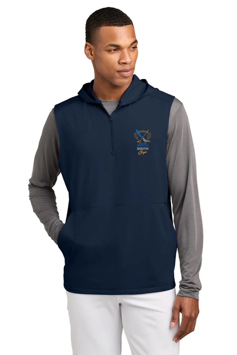 Sport-Tek Sport-Wick Stretch Sleeveless Hooded Quarter-Zip in True Navy