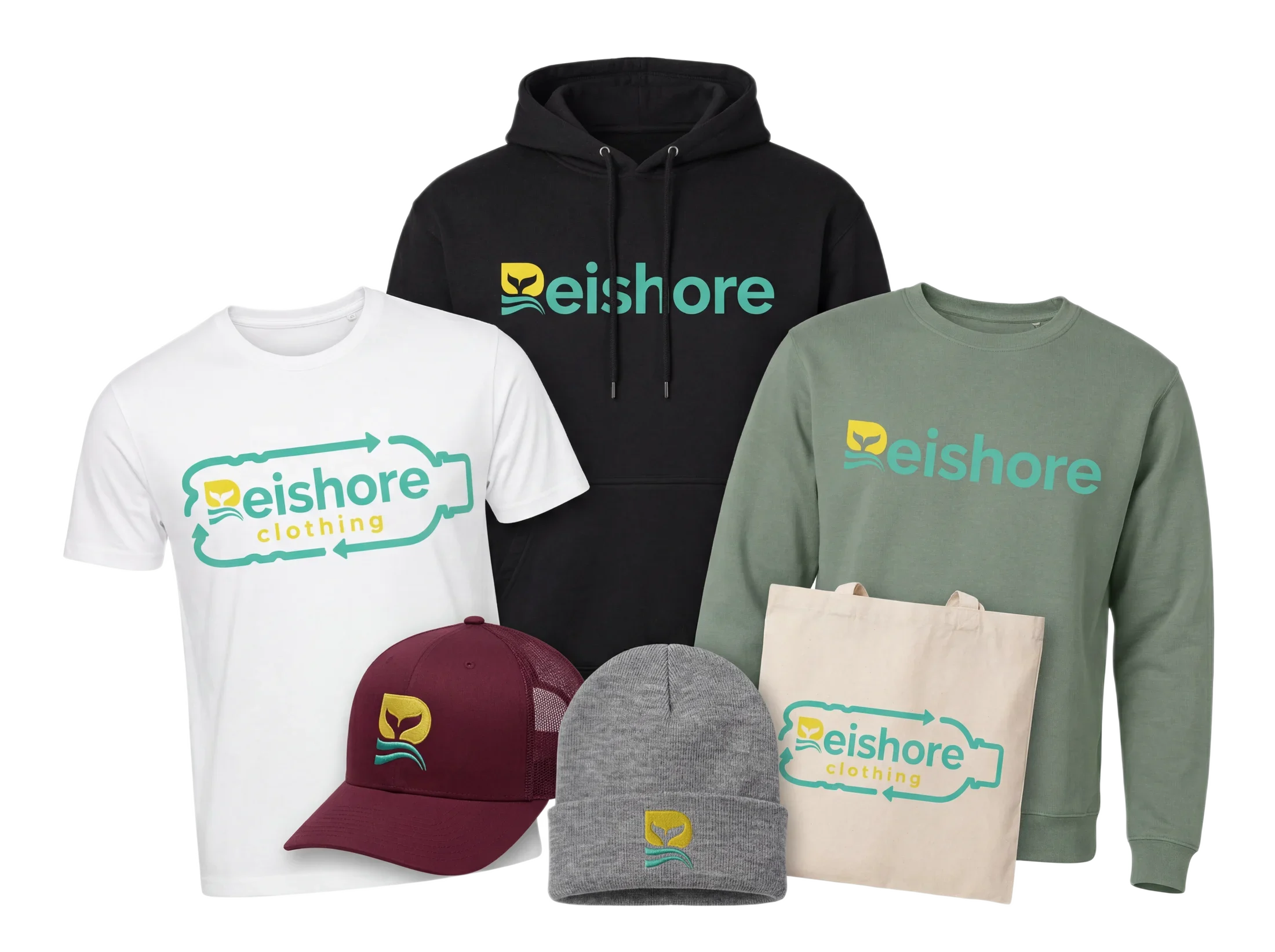 Reishore custom apparel — hoodie, t-shirt, crewneck, trucker cap, beanie and tote bag